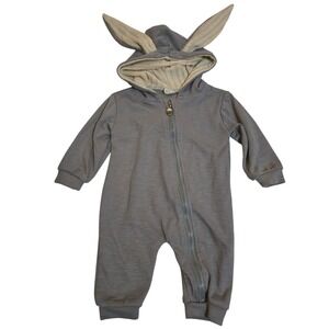 Kids Tales Bunny Ear Hooded Romper Grey Ribbed Knit Zip Up Jumpsuit Size 66